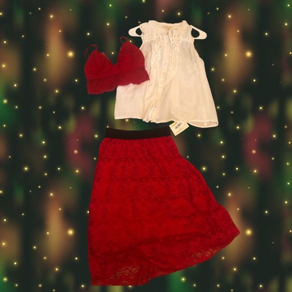 Boho Outfit
LuLa Rou Red Lace Skirt
Gilly Hicks Bralette 
White Blouse 
Sz Sm - Picture 7 of 14